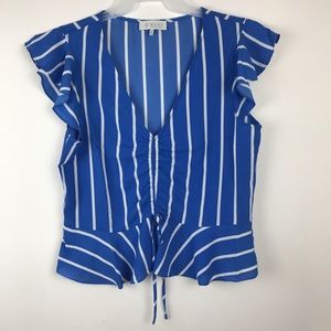 WAYF V Neck Ruched Ruffled Trim Crop Top